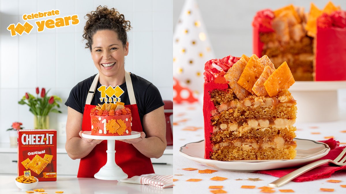 #ad I. Love. Cheez-It. And #CheezItTurns100 this year! And guess who gets to bake the official #CHEEZITENNIAL Cake?! Me!!! A crunchy, cheesy, salty-but-sweet, and every-bite-is-surprising kind of @cheezit cake. Grab one starting May 17: goldbel.ly/CheezIt100Cake.