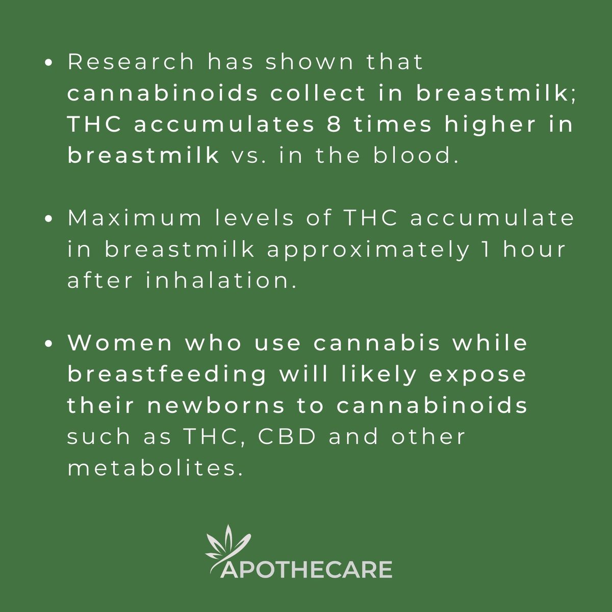 ✨Women who use cannabis while breastfeeding will likely expose their newborns to cannabinoids such as THC, CBD and other metabolites.  
✨For more check out the full blog at: apothecare.ca/2021/04/05/can…

#womenshealth #womenshealthtopics#breastfeeding #womenshealthandcannabis
