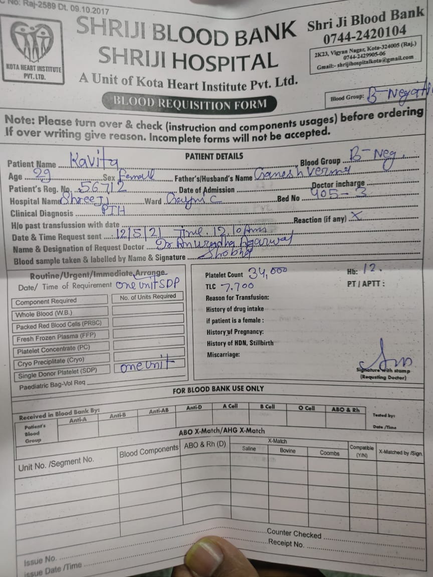 AviModi75's tweet photo. Patient name कविता (प्रेगनेंट वूमेन)

ब्लड चाहिए B नेगेटिव

श्री जी हॉस्पिटल कोटा

कोरोंना पेसेंट नही है।
(प्रेगनेंट वूमेन)

Mob :+919461433372
Atendar: Dinesh

@BloodDonorsIn
@Indianbloodhelp @bhumipednekar @SonuSood @OfficeVRaje @VasundharaBJP @shrichand_bjp https://t.co/NyEWR81fTi