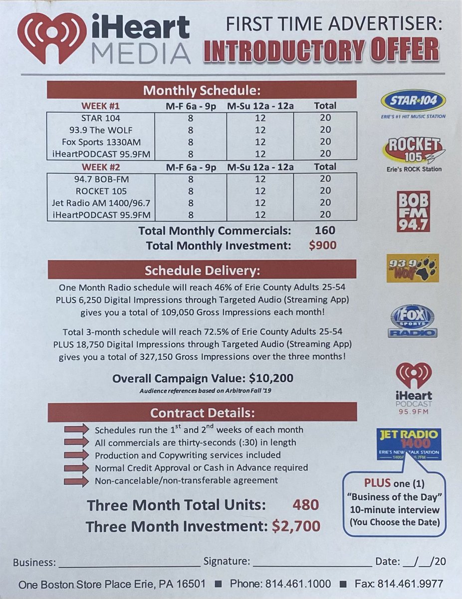 ihmBryanC's tweet photo. First Time Advertiser special!! Get a broadcast schedule valued at over $10k for only $2,700! This is a great promotion for any business that wants to gain exposure during the summer months! #erie #pa #eriepa #radio #newbusiness #startup #buffalo #ny #ohio #nj #firsttime #ad #ihm https://t.co/E09JN3rlnp