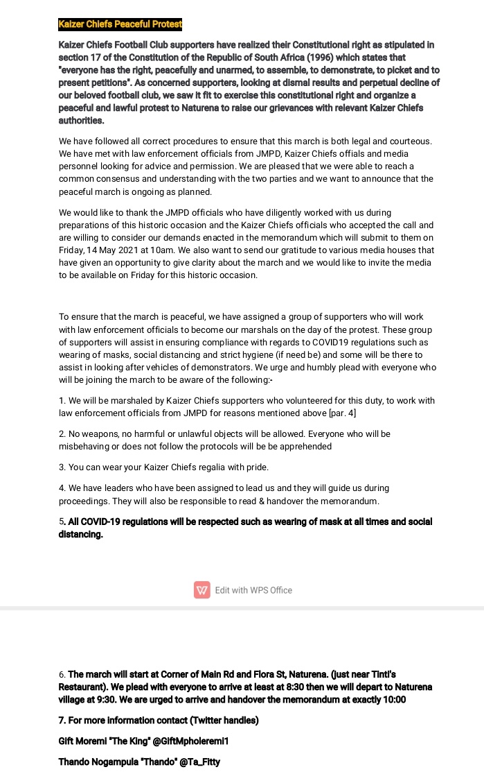 MotsoAphi's tweet photo. Kaizer Chiefs Supporters Peaceful Protest Update!

This march has got nothing to do with our upcoming games and has got nothing to do with with anyone working at Kaizer Chiefs.. 

#WeAreKaizerChiefs
#KaizerChiefsPeacefulProtest
#ReclaimTheGlory
#Amakhosi4Life https://t.co/RYhskhIGvx