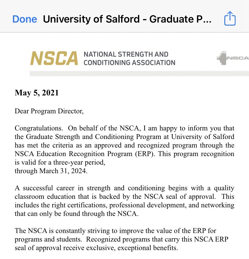 Our Masters degree in Strength &amp; Conditioning has been approved by the <a href="/NSCA/">NSCA</a> education recognition programme 👍🏼 We’ve been running for 12 years and continually recognised throughout 🏋🏾‍♂️