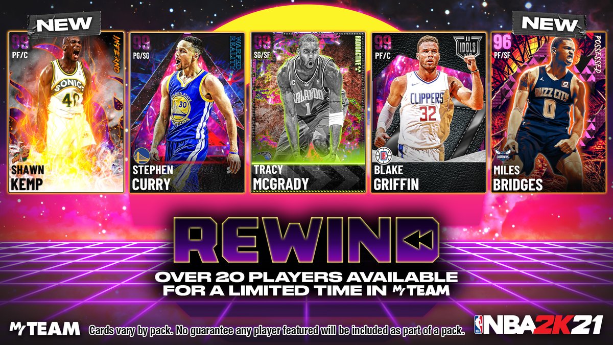 NBA2KMyTEAM's tweet photo. New Showtime Rewind Packs are LIVE ⏪ You got 48 hours to pick up over 20 players who attack the rim, including these new cards:

DM Shawn Kemp
GO Isaiah Rider
PD Miles Bridges
💎 Cassius Stanley

We also got DM T-Mac, Steph Curry, and Blake Griffin 🔥 https://t.co/s6ldWQrPki