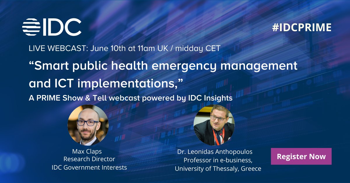 Join @Stormysummit and Dr. Leonidas Anthopoulos of University of Thessaly, Greece as they look at smart public health emergency management and ICT implementations in a webcast on 10 June at 11am UK / midday CET: goto.webcasts.com/starthere.jsp?…