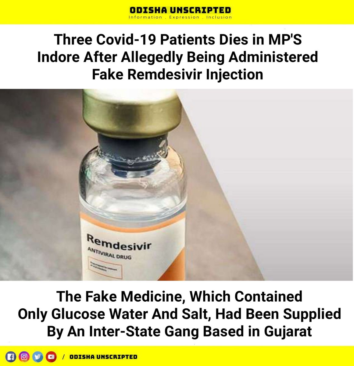 odisha_unscript's tweet photo. Three Covid-19 Patients Dies in MP'S Indore After Allegedly Being Administered Fake Remdesivir Injection.
#odishaunscripted 
#Covid19India 
#Remdesivir 
#Injection https://t.co/kUGh6iBoLk
