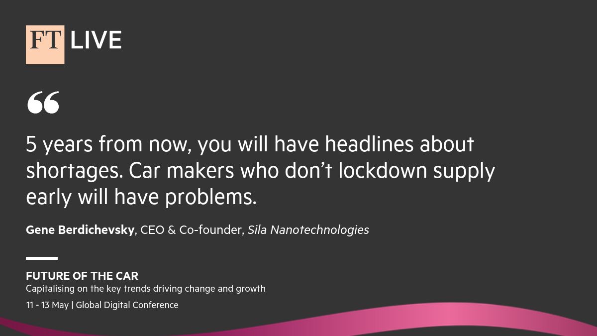 Financial Times Live (@ftlive) on Twitter photo ‘The supply chain is going to be critical to success in EVs’ <a href="/SilaGene/">Gene Berdichevsky</a> speaking at #FTCar and the need for OEMs to secure high quality batteries sooner rather than later. Watch the stream here: on.ft.com/3cfJuZg ‘The supply chain is going to be critical to success in EVs’ <a href="/SilaGene/">Gene Berdichevsky</a> speaking at #FTCar and the need for OEMs to secure high quality batteries sooner rather than later. Watch the stream here: on.ft.com/3cfJuZg