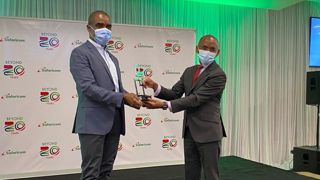 GSMAAfrica's tweet photo. Today the @SafaricomPLC 2020 Global Mobile (GLOMO) Award has officially been handed over to the CEO, @PeterNdegwa_ by @G_Akinwale, Head of SSA Region in the GSMA. The award was given in recognition of @SafaricomPLC outstanding contribution to the #mobile industry. @GSMAEvents https://t.co/hyHtIEcapA