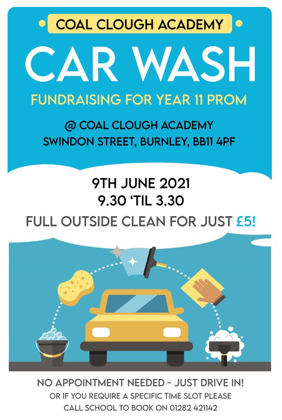 Date for your diary 🤩
Please spread the word and help our year 11 students raise money for their prom 🧽🪣🧼🚙🚗
@Head_CCA <a href="/AHT_CCA/">Dillon</a> <a href="/Attendance_CCA/">LJK</a> <a href="/LINKLead_CCA/">Coal Clough Academy</a> <a href="/therapy_lead/">Lisa Hill</a> @Computing_CCA <a href="/LeadsportsC/">LeadSports_CCA</a> @Careers_CCA @Business_CCA @BobbieEllidge
