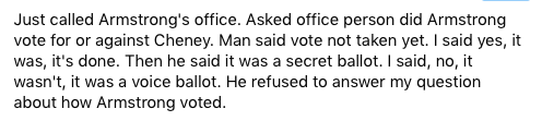 KRS_RogueShark's tweet photo. Armstrong staffer refuses to answer my question about Armstrong's vote on Cheney. @RepArmstrongND #ndpol #DemCastND https://t.co/gkzz1Kt54a