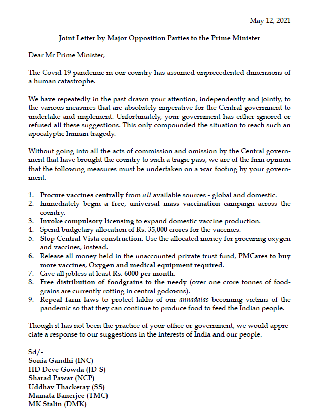 ANI's tweet photo. Twelve leaders of Opposition parties write a joint letter to PM Narendra Modi suggesting a slew of measures for combating #COVID19 https://t.co/b5HTNB6G6D