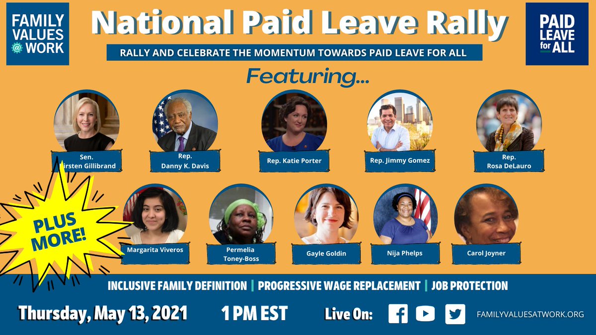 FmlyValuesWork's tweet photo. Join us at the National #PaidLeaveRally, Thurs. May 13th @ 1 pm ET.  Advocates and several members of Congress will share ideas and discuss what’s needed to ensure everyone is covered as we work towards #PaidLeaveforAll. SAVE THE DATE: 🗓️https://t.co/STG3Jcq9P7 👈🏾 #paidleave https://t.co/fEZNa88aEc