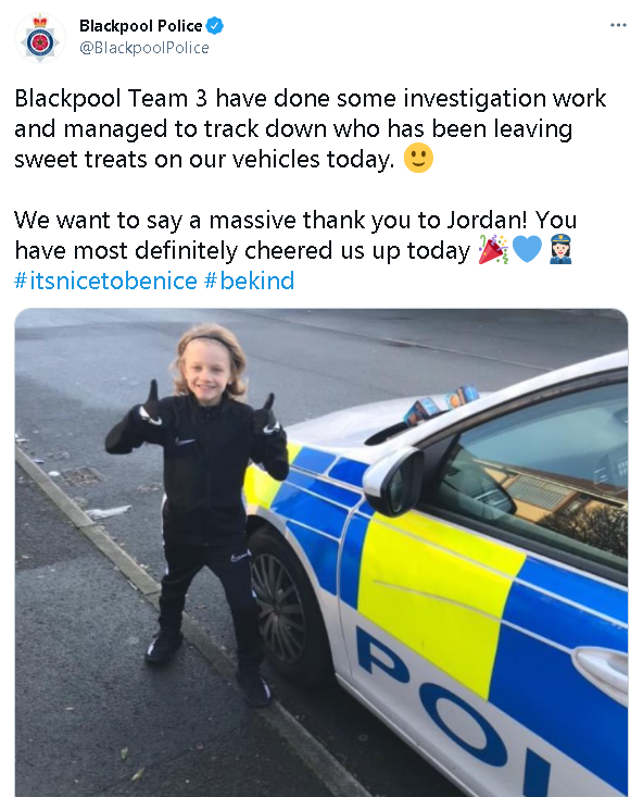 Tributes continue to be paid Jordan, the young boy who died after being struck by lightning in Blackpool. 
Here's a picture of him in January when the 9-year-old kindly left sweets on police cars to cheer up emergency workers @BlackpoolPolice