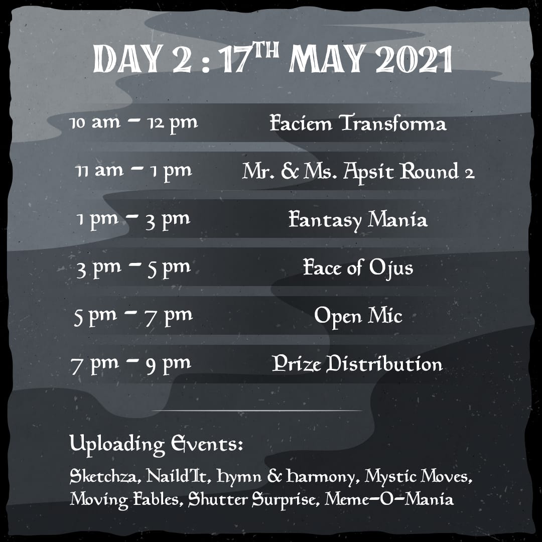 APSIT_THANE's tweet photo. 2nd day schedule: 
Time for some more amazing events!!🤩
The excitement continues.... as we present to you the schedule for OJUS dreamscape 2021 day 2 !! 🥳💫 https://t.co/pt1QraSJ9b