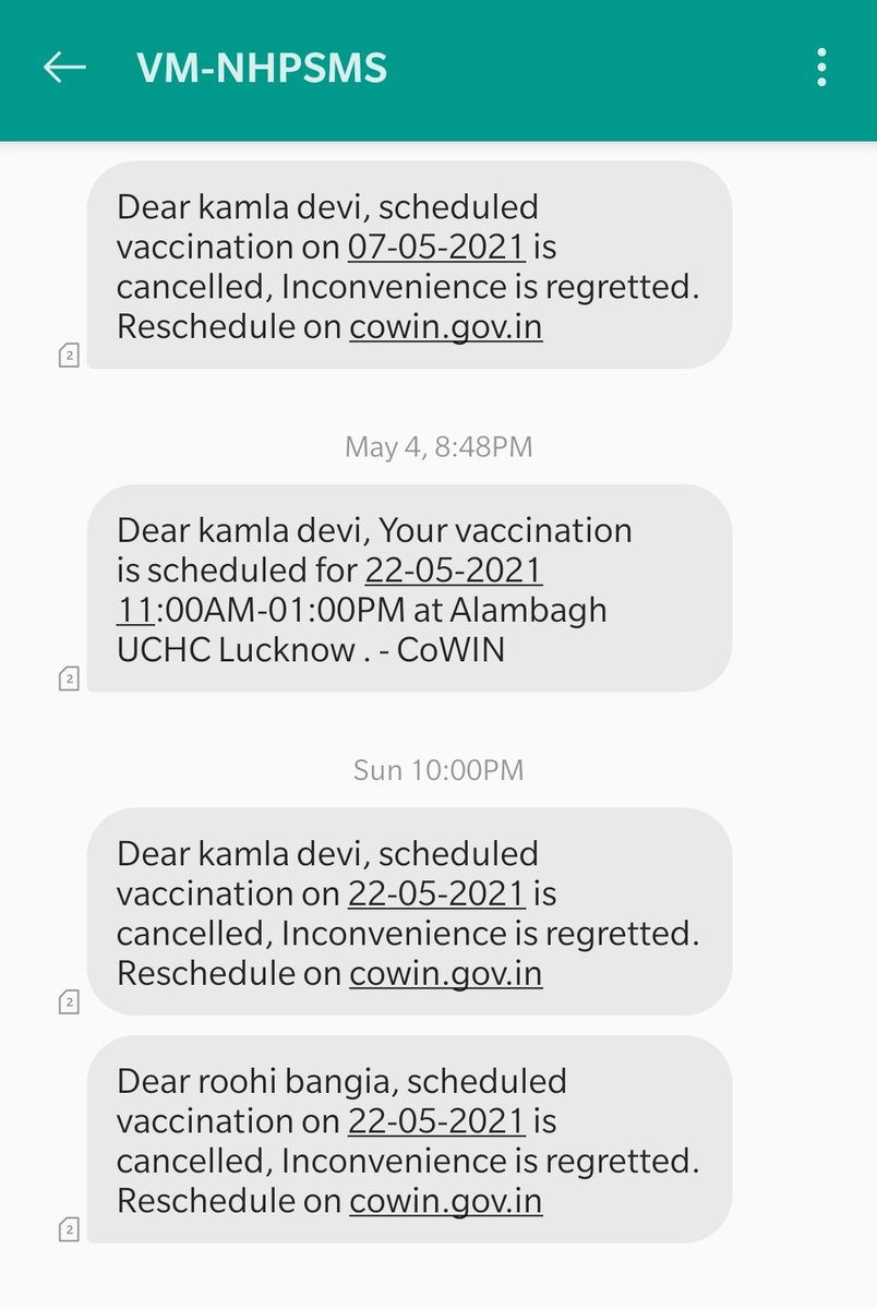 Why dates get cancelled on Arogya Setu &amp; Covin App in Alambagh Lucknow Pin 226005. Also, no dates for scheduling vaccinations for 45+ and 18+ age. Anyone can check. If full, more centers need to be added. Humbly requested Govt. Please help. <a href="/navneetsehgal3/">Navneet Sehgal</a> <a href="/UPGovt/">Government of UP</a> <a href="/myogioffice/">Yogi Adityanath Office</a>