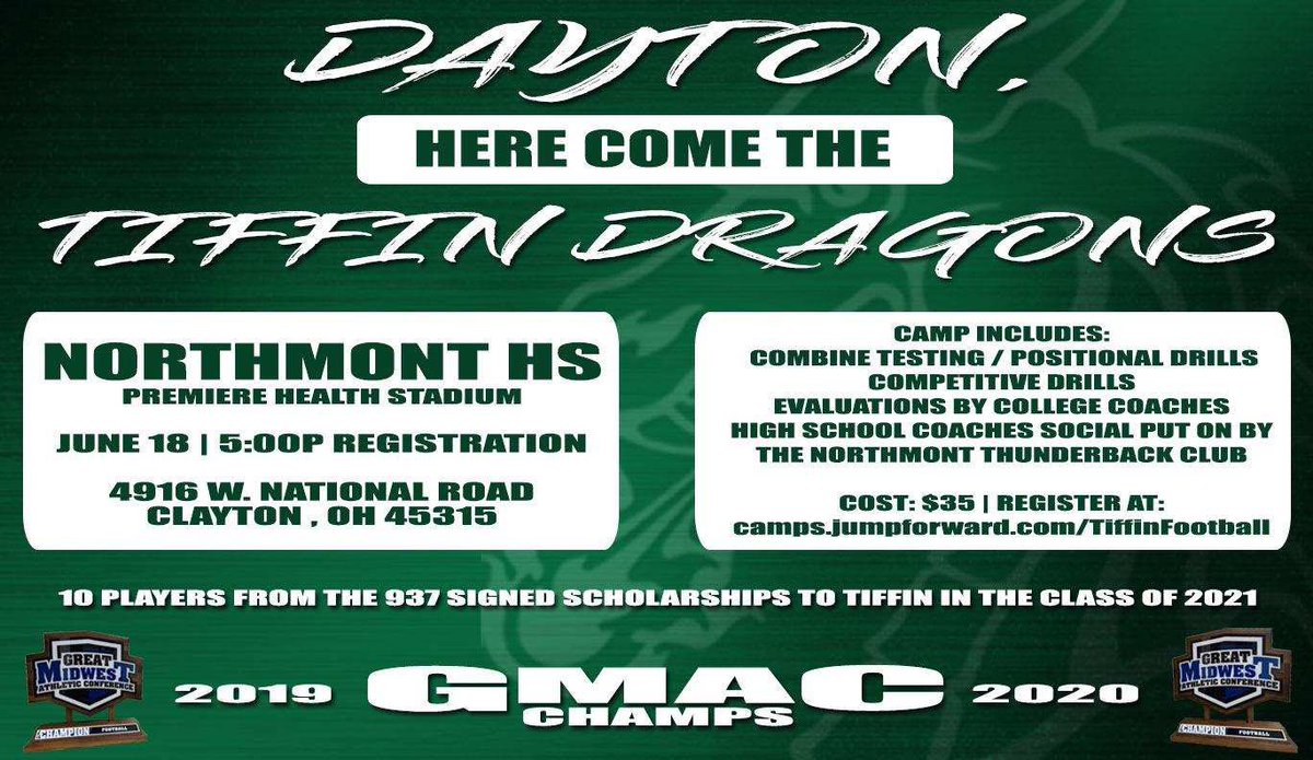 The Tiffin University Football Team will be hosting a camp @ Northmont High School on Friday June 18. Going to be a great opportunity for competition and to be evaluated by college coaches! Registration information in infographic.  <a href="/NThunderbolts/">Northmont Athletics</a> <a href="/TUDragonFB/">Tiffin University Football</a>
