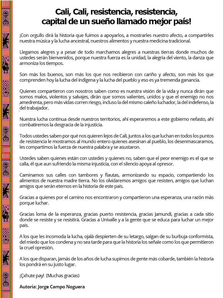 Gracias #Cali, gracias #Colombia, lograremos muchas cosas mientras seamos unidos,  esa es la mayor victoria.

#ParoNacionalColombia
#ValleDelCauca
#Caucano #Colombia  #ResisteColombia <a href="/CRIC_Cauca/">Consejo Regional Indígena del Cauca (CRIC)</a> <a href="/ACIN_Cauca/">Cxhab Wala Kiwe - ACIN</a>