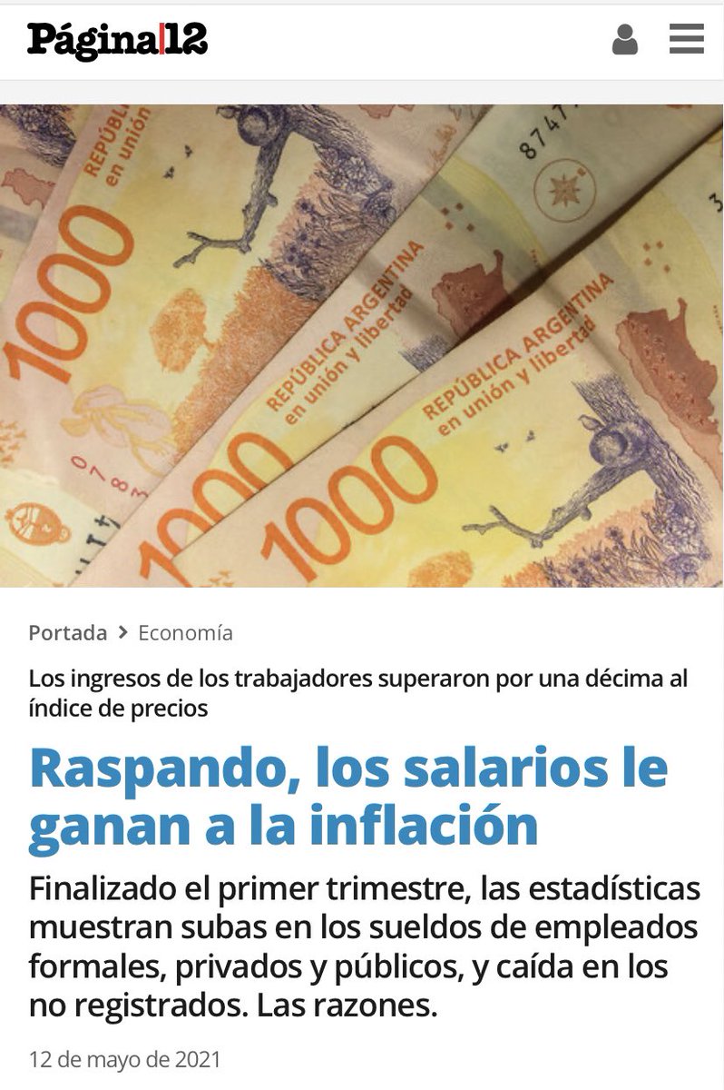El índice de salarios creció 13,1% en enero-marzo. “Raspando” le ganó a la inflación, celebra <a href="/pagina12/">Página|12</a>. Lindo dato: los salarios que paga <a href="/victorsmaria/">Víctor Santa María</a> en el diario crecieron en ese período un… 0% (sólo un bono de 720p por teletrabajo, para compensar gastos). Raspando la olla.