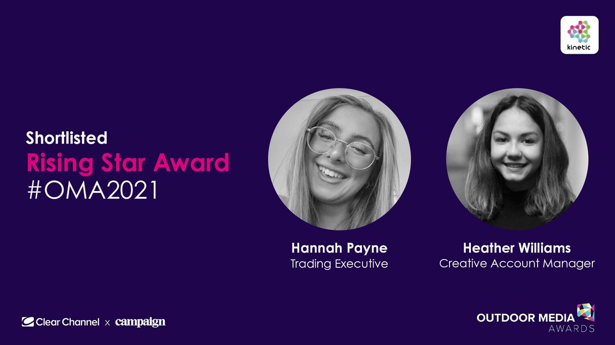 kineticwwUK's tweet photo. Big shout out and congratulations to @hannahvpayne and @HeatherWill93 for being shortlisted in the #RisingStar category at the #OMA2021! 

The future of #OOH looks brighter with talented people like you in it! 🌟 🌟

Best of luck 🤞 https://t.co/eCZ5oFdPrV