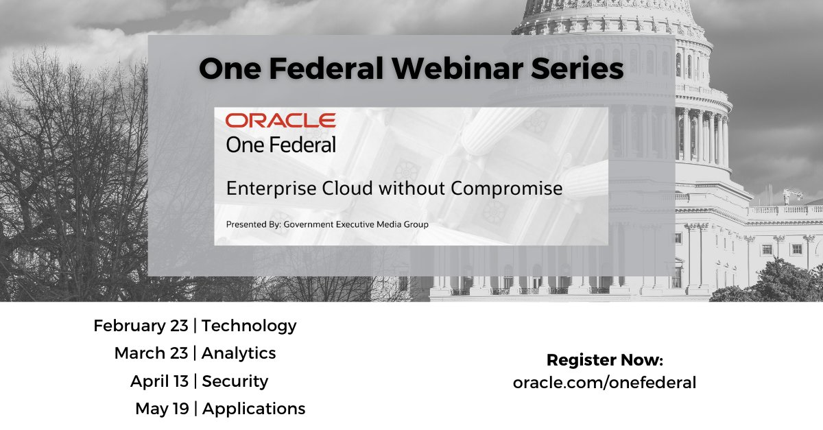 Mythics's tweet photo. The final session in the #OracleOneFederal Webinar series is on Wednesday, May 19th at 1pm EDT. In this session, learn more about the transformative possibilities and real-world outcomes of next-generation #cloud services.
To register: https://t.co/dwb9E7WMPL https://t.co/HwogsNt7o7