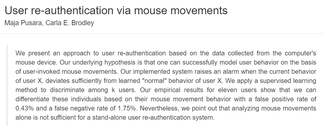 VizSec's tweet photo. This paper from the first #VizSec 2004 was on user re-authentication based on the data collected from the computer’s mouse device through user behavior predictions. This work was intended for anomaly detection and prevention.
Read more: https://t.co/5R66ay2Lbj
@CarlaBrodley https://t.co/tHQCmYdxtO