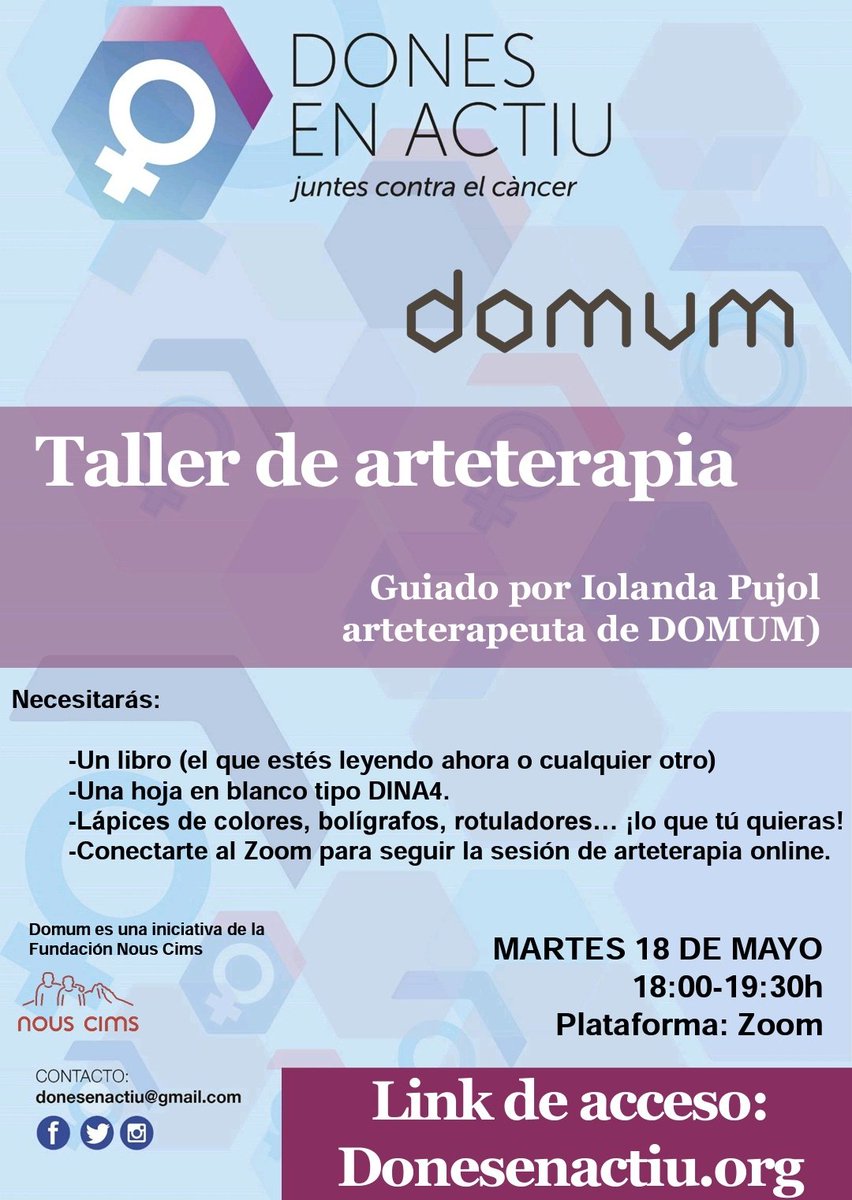 Ya queda poco para nuestro taller de #Arteterapia Online de la mano de @nouscims. Tanto si es vuestra primera vez, como si sois expertas en esta técnica, os invitamos a participar. El acceso es libre y gratuito a través de este enlace:
zoom.us/j/99891594884?…

<a href="/GEPAC_/">GEPAC</a> @aecc_es
