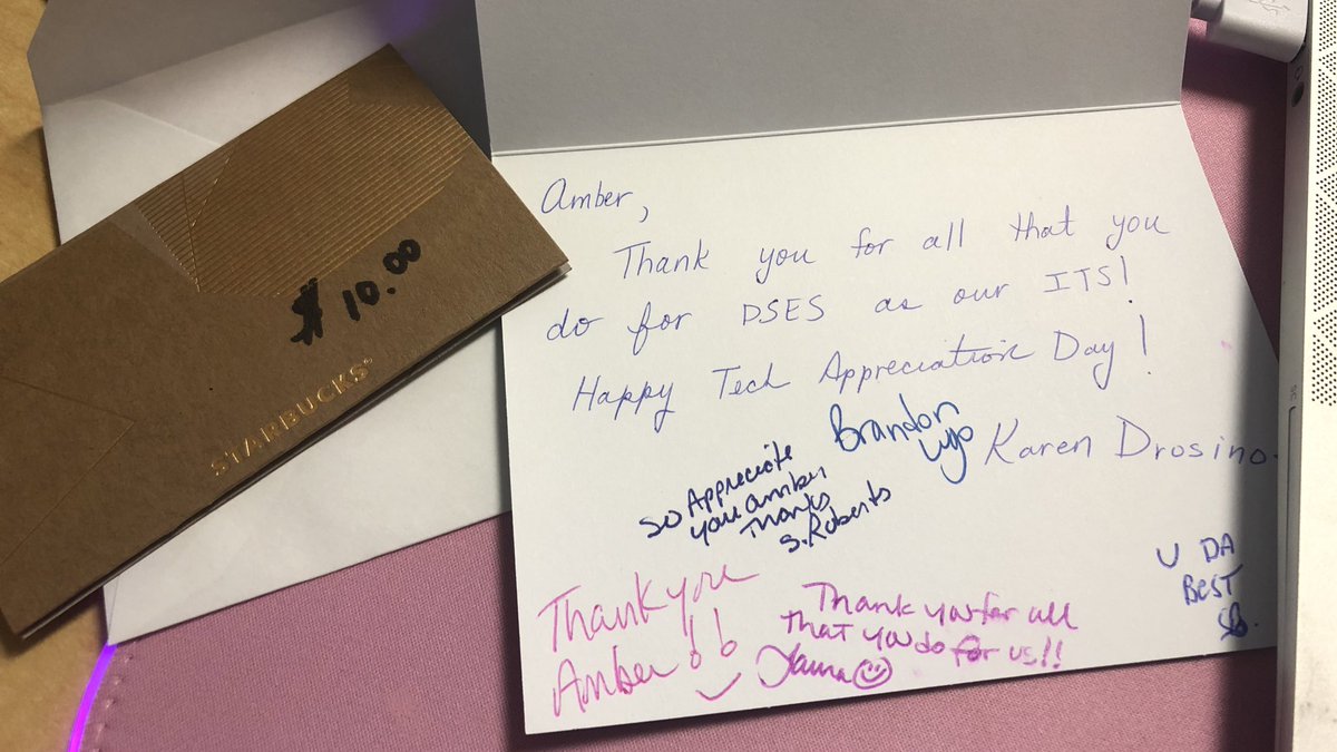 mrsamberbush's tweet photo. Thank you so much for the sweet card and supporting my caffeine addiction! So lucky to work at an amazing school with awesome people! #vbtechsupportday @dspringses @B4wdfocused @kjdrosinos https://t.co/n86j2js7Zx
