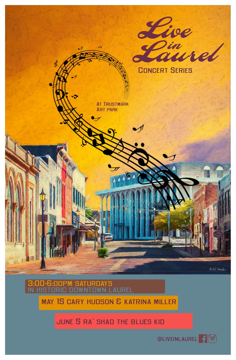 caryhudsonmusic's tweet photo. It's a FREE show this SAT 5/15 3-6p for @laurel_live in Downtown Laurel, MS w spec guest Katrina Miller!!! 

Bring a chair - tell a friend! 
#liveinlaurel #downtownlaurel https://t.co/hlkA8gsWeH