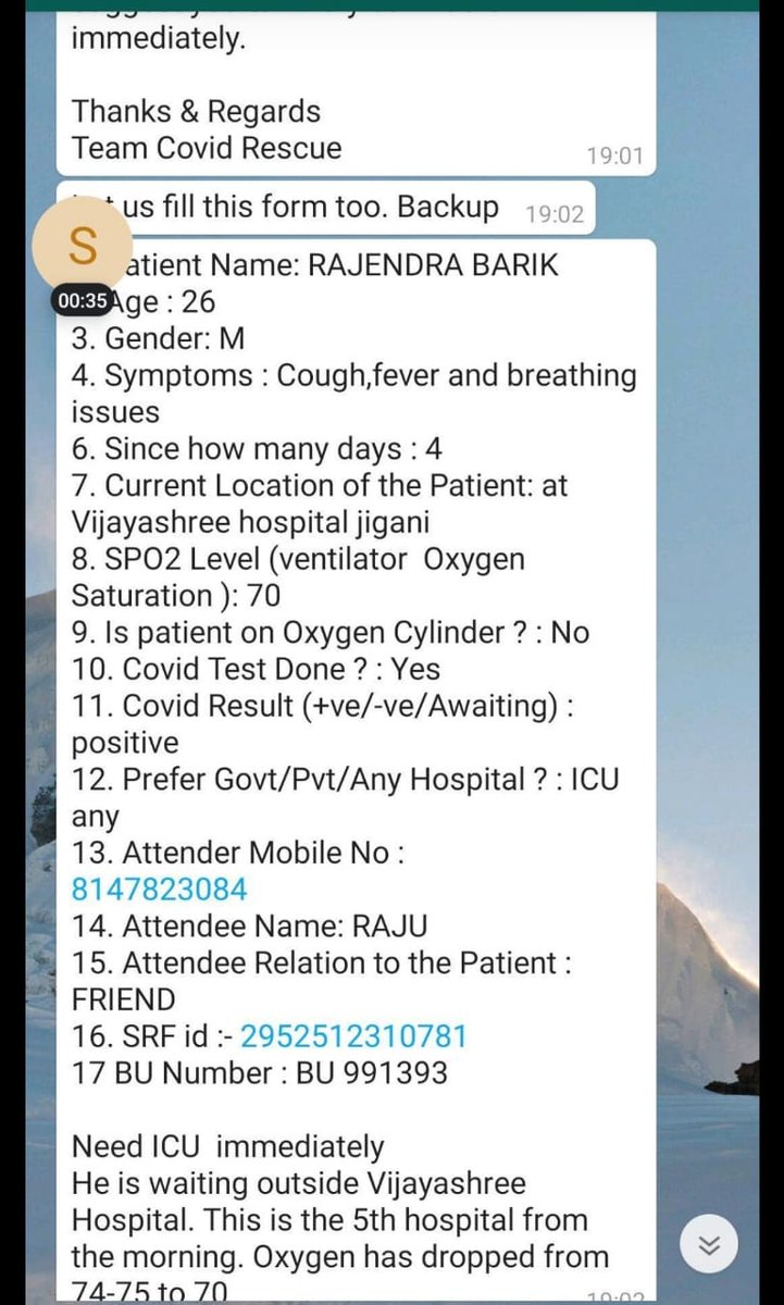 darth_surd's tweet photo. Urgently need an ICU ventilator bed in Bangalore.
SpO2 is 70 and dropping
Patient has been running from hospital to hospital and struggling to get a bed.
Please help 🙏
Contact details 8147823084
@peakbengaluru @darthdevi @Nivivacious @WeAreBangalore https://t.co/0NzgYvH8hV