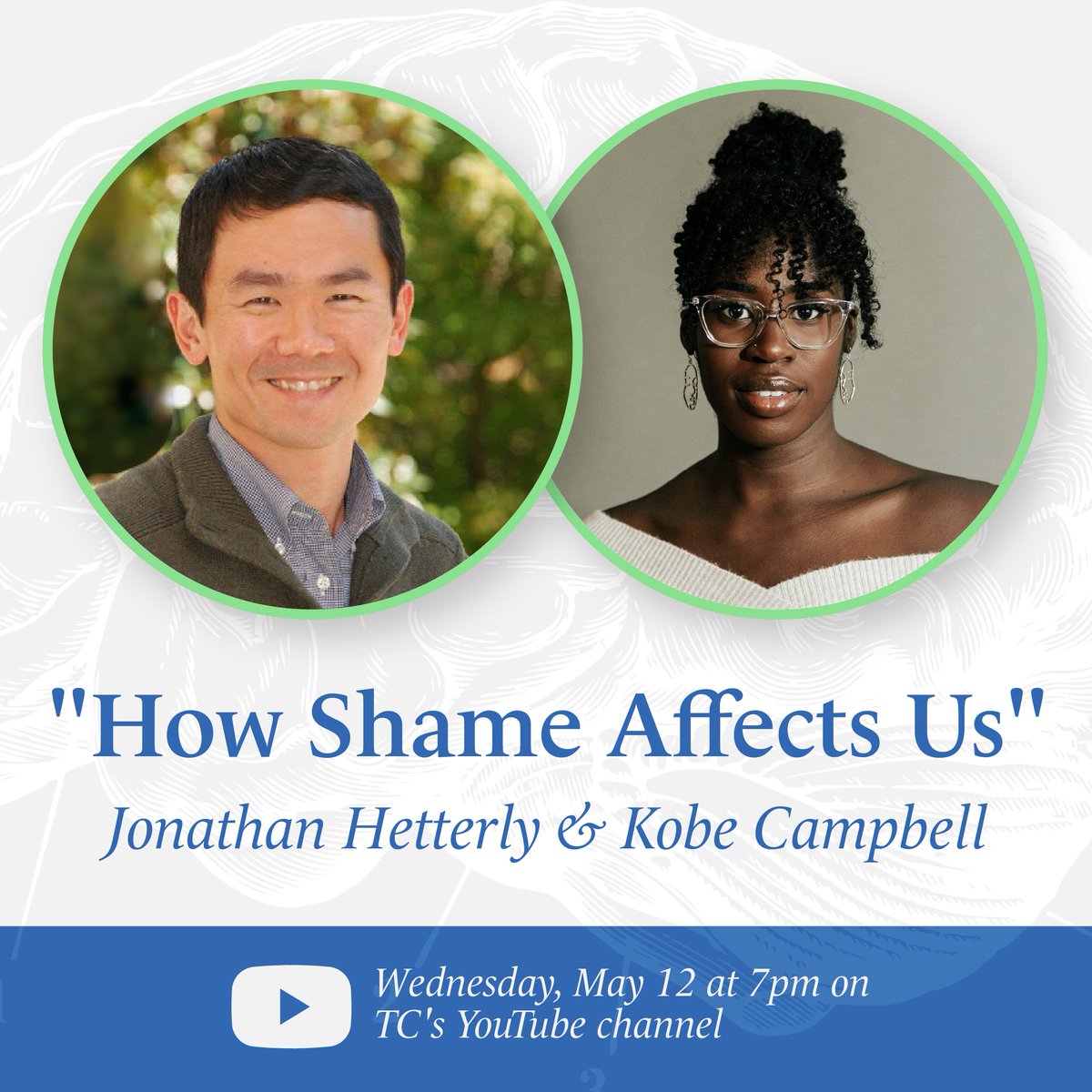 TCTransformers's tweet photo. This evening, our Brain Health Conversations continue with a discussion on the impact of shame. Jonathan Hetterly and Kobe Campbell will talk about the complicated relationship between the Christian faith and shame, as well as mental health and shame. Join us on YouTube at 7pm! https://t.co/BUkjYyDDiK
