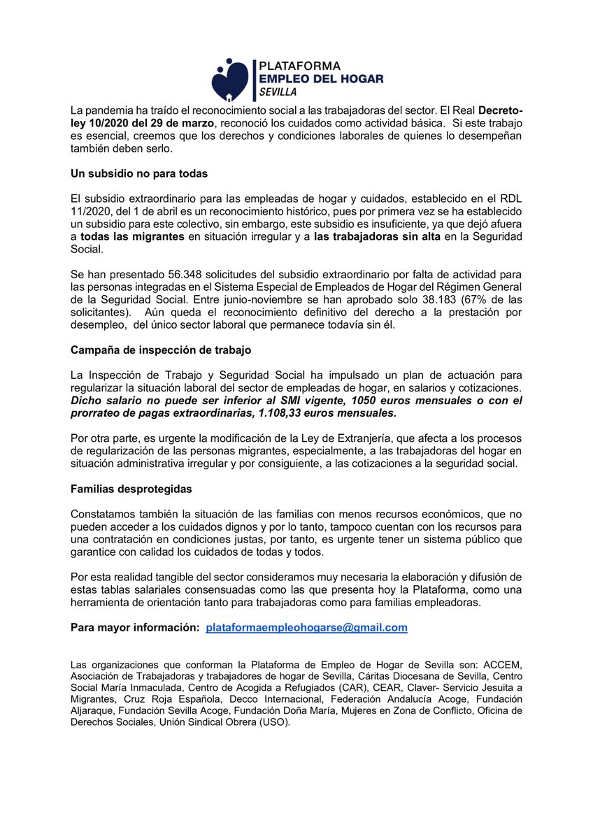 PEHSevilla's tweet photo. Comunicado de la Plataforma de Empleo del Hogar de Sevilla por la publicación de las tablas salariales y condiciones laborales acordadas para el año 2021 https://t.co/slzWoHWvGi