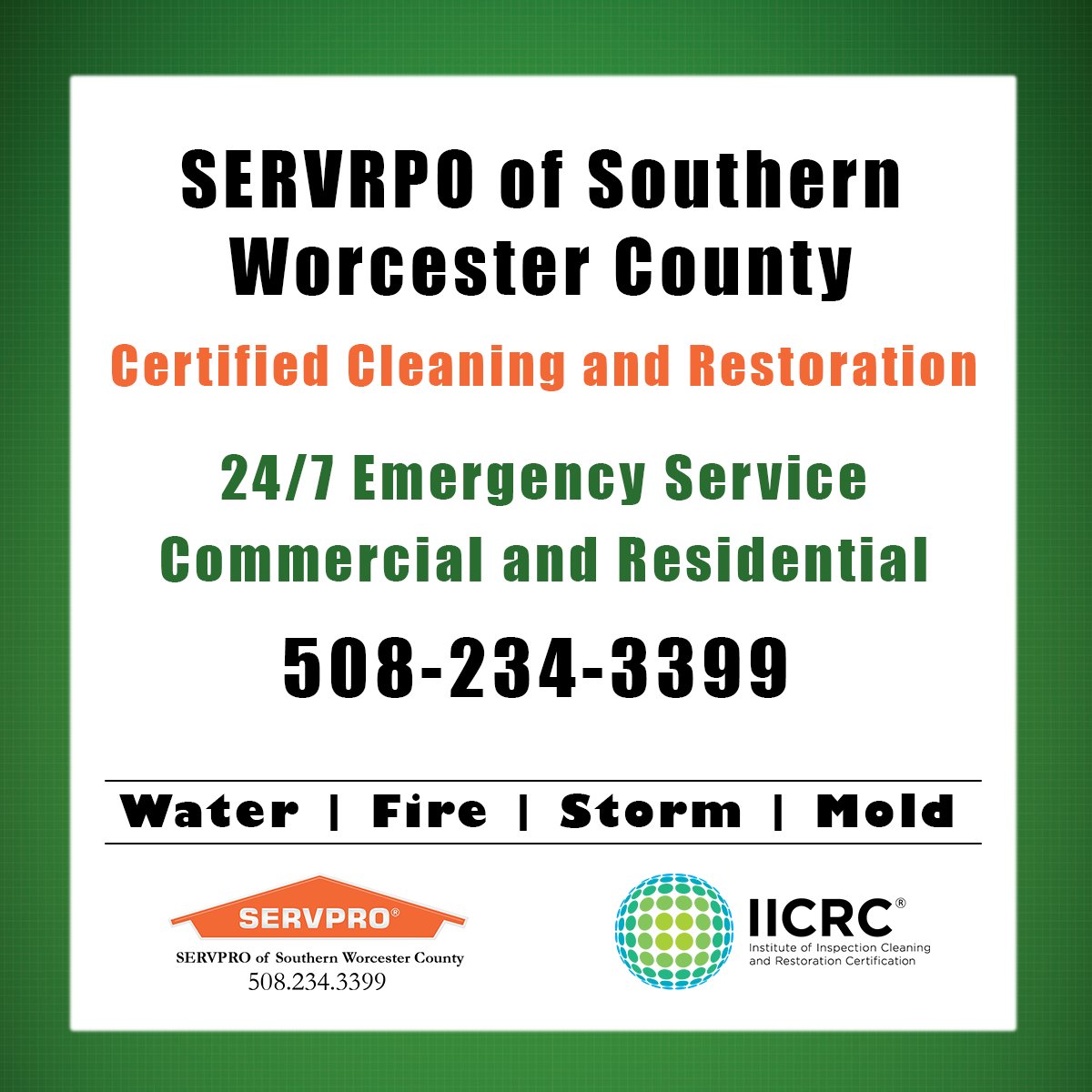 Servpro_SWC's tweet image. SERVPRO of Southern Worcester County is 100% Certified with IICRC. We are available 24/7 and provide high-quality services for Commercial and Residential Cleaning and Restoration. 
servprosouthernworcestercounty.com