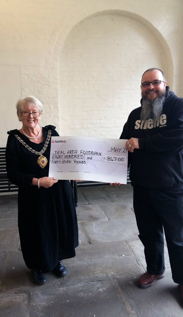 Deal Foodbank’s Gary Studley accepting Mayor Eileen Rowbotham’s cheque from the Mayor’s charities. A massive thank-you to everyone who took part in the events which raised not only this hugely welcome sum for the Foodbank but also the equivalent for the other charities supported