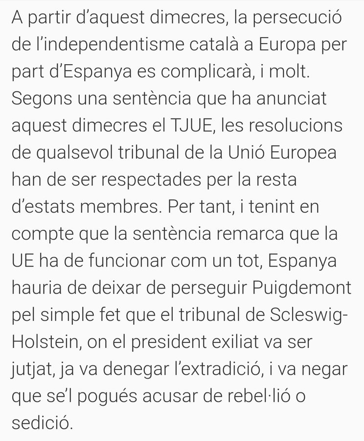 puigfalconer's tweet photo. El TJUE, diu a ESPAÑA  que prou d'euroordres de persecució de l'independentisme català i per tant que possi fi a la bruta persecució del "jutge" Llarena  al M H PRESIDENT PUIGDEMONT @KRLS .

Gràcies @boye_g !!!
Que n'aprenguin!! https://t.co/Smpfn4BIB9