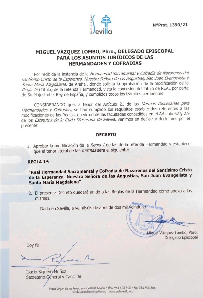 Recibido hoy el Decreto Arzobispal de aprobación de la asunción del título de REAL en la denominación de nuestra Hermandad, tras años de estrecha relación con la Casa Real de España, justamente desde 1997, con motivo del L Aniversario del Stmo. Cristo de la Esperanza.