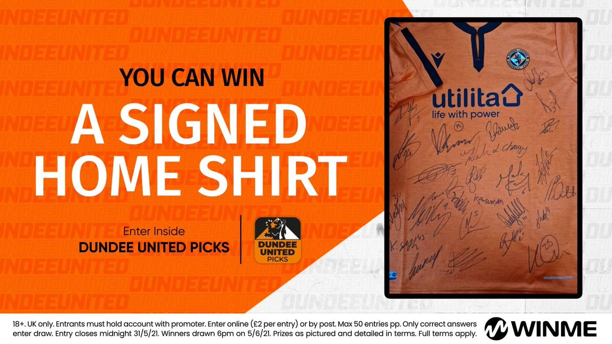DundeeUtdPicks's tweet photo. Here’s your chance to win a signed @dundeeunitedfc home shirt this month 🤩

You can purchase tickets for the prize draw inside the @DundeeUtdPicks app 📲 

🔞 T&amp;Cs apply and full details over at https://t.co/0mfp0mAawD | https://t.co/G5Mxp1dZwB https://t.co/259hSQ7NaI