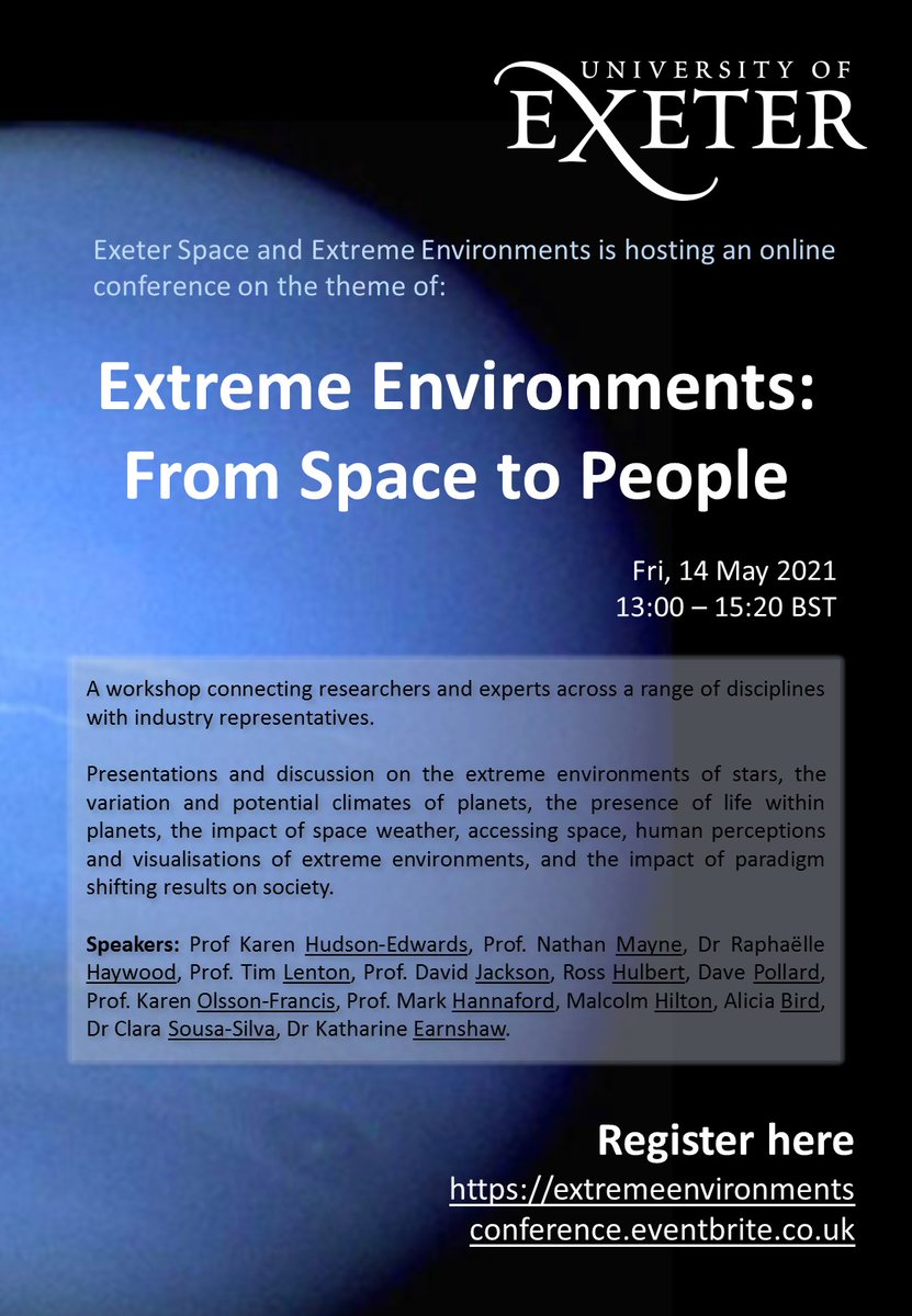 Don't forget to join us this Friday in the workshop Extreme Environments: From Space to People @UniofExeter @UniofExeterESI #ExtremeEnvironments