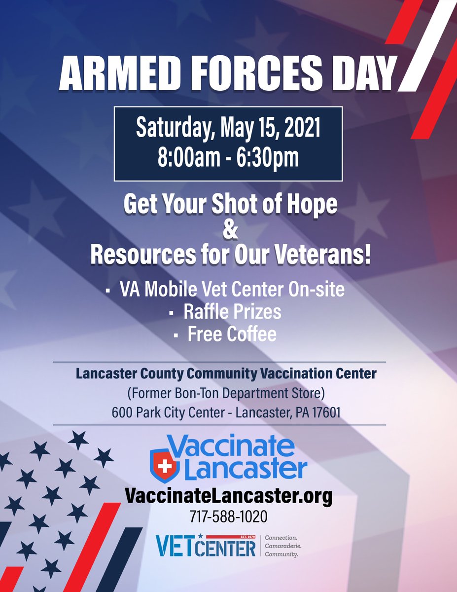 LancasterCounty's tweet image. ATTENTION VETERANS &amp;amp; MILITARY SERVICE MEMBERS (and families): Join us TODAY for Armed Forces Day at the Lancaster County Community Vaccination Center! Get your #shotofhope + VA resources + raffle prizes + free coffee! bit.ly/3xZ2pQG  #VaccinateLancaster