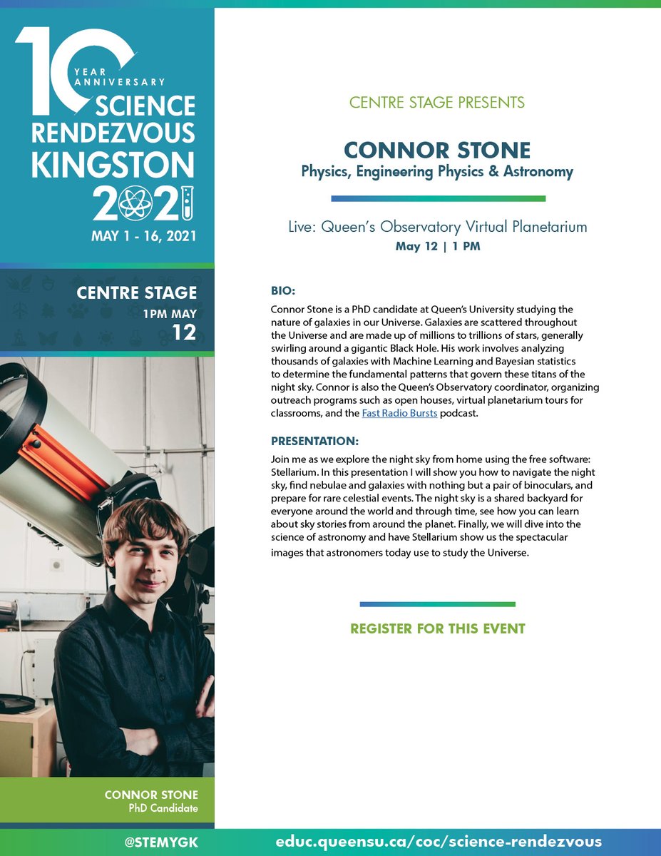 Interested in Astronomy? 🌗, Then you’ll love Connor Stone’s Science Rendezvous presentation! 😀 Join Conor as you explore the night sky, from home, using Stellarium. You’ll have the chance to find nebulae and galaxies and see spectacular images of our Universe. ✨