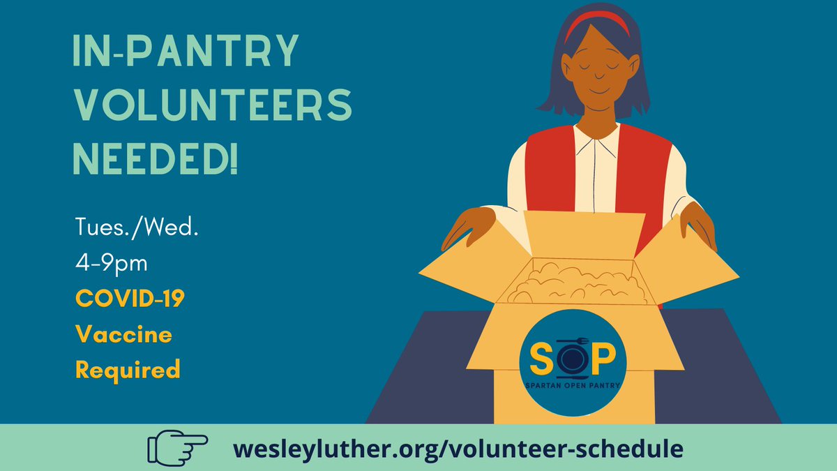 Volunteer with Spartan Open Pantry this summer! Volunteer hours are any Tuesday or Wednesday from 4-9pm. All volunteers must be fully vaccinated to protect both our patrons and our staff. Thank you! Sign-Up: wesleyluther.org/volunteer-sche…