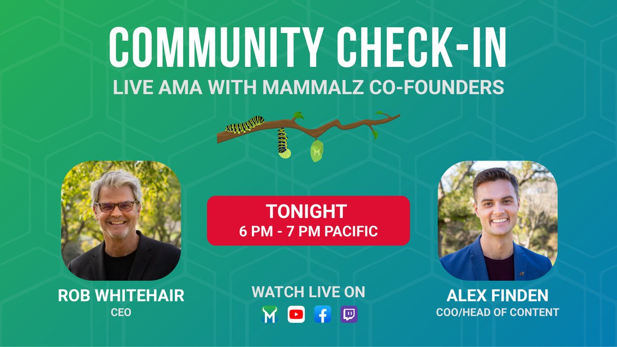 mammalzpbc's tweet image. 📢REMINDER
Tonight, 6pm - 7pm, Mammalz Co-founders, Rob Whitehair and Alex Finden are here to answer your questions about the upcoming Mammalz 2.0 and what else is in store for the future of live nature storytelling on Mammalz! #liveevent

Where to watch👇
community.mammalz.com/event-ama-512