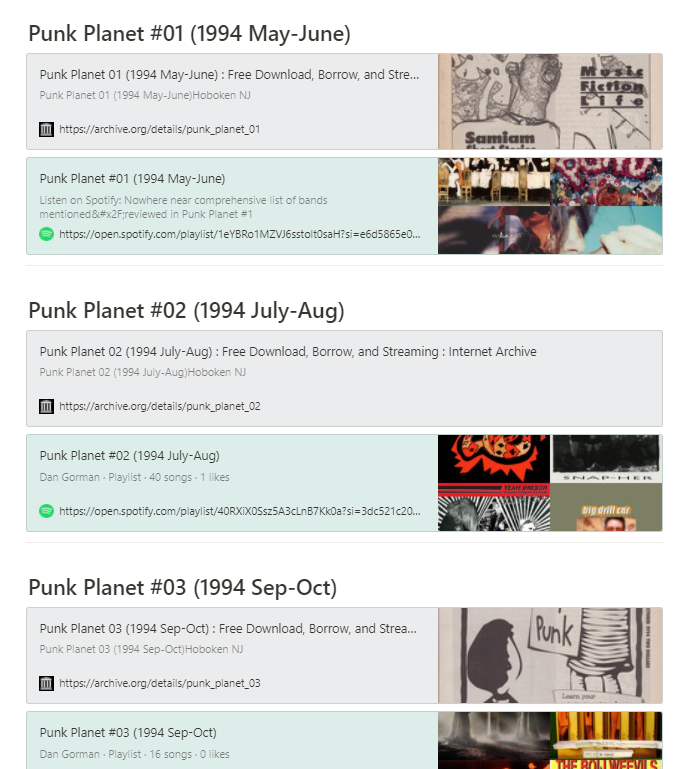 thediscovertab's tweet photo. Created a @NotionHQ page on my Spotify playlist database for an on-going project where I turn review sections from old #PunkPlanet issues into playlists.
Check it out! https://t.co/kt8phGiXm5 https://t.co/TFCKeynSj4