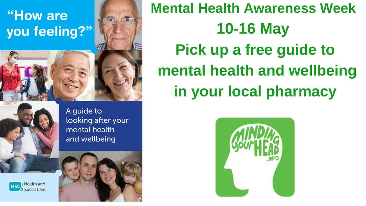 This Mental Health Awareness Week #Take5StepsToWellbeing  

Call into your local community pharmacy for your mental health and wellbeing guide, you’ll find lots of ideas on how you can Take 5
👉mindingyourhead.info

#HowAreYouFeeling #LivingWellNI 
#MentalHealthAwarenessWeek