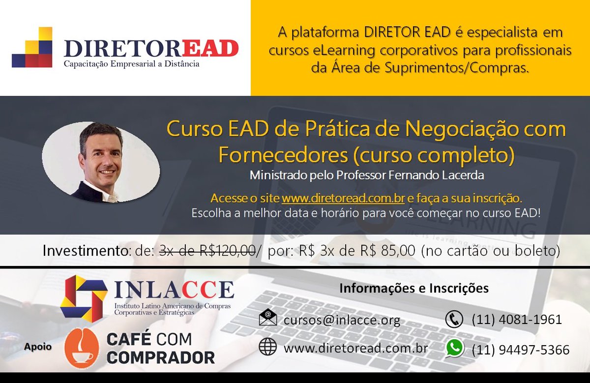 Faça a sua inscrição no "Curso EAD de Prática de Negociação com Fornecedores". A plataforma DIRETOR EAD é especialista em cursos eLearning corporativos para profissionais da Área de Suprimentos/Compras. Investimento: 3x R$ 85,00 - Acesse agora: diretoread.com.br