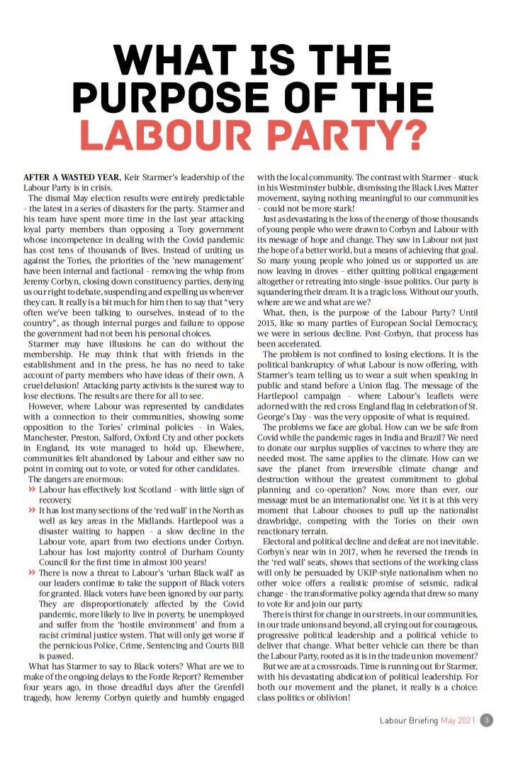 May 2021 edition of Labour Briefing out now. Editorial: What is the purpose of the Labour Party? 'Attacking party activists is the surest way to lose elections. The results are there for all to see.”Read on: labourbriefing.org/.../what-is-th…... And subscribe here: labourbriefing.org/support