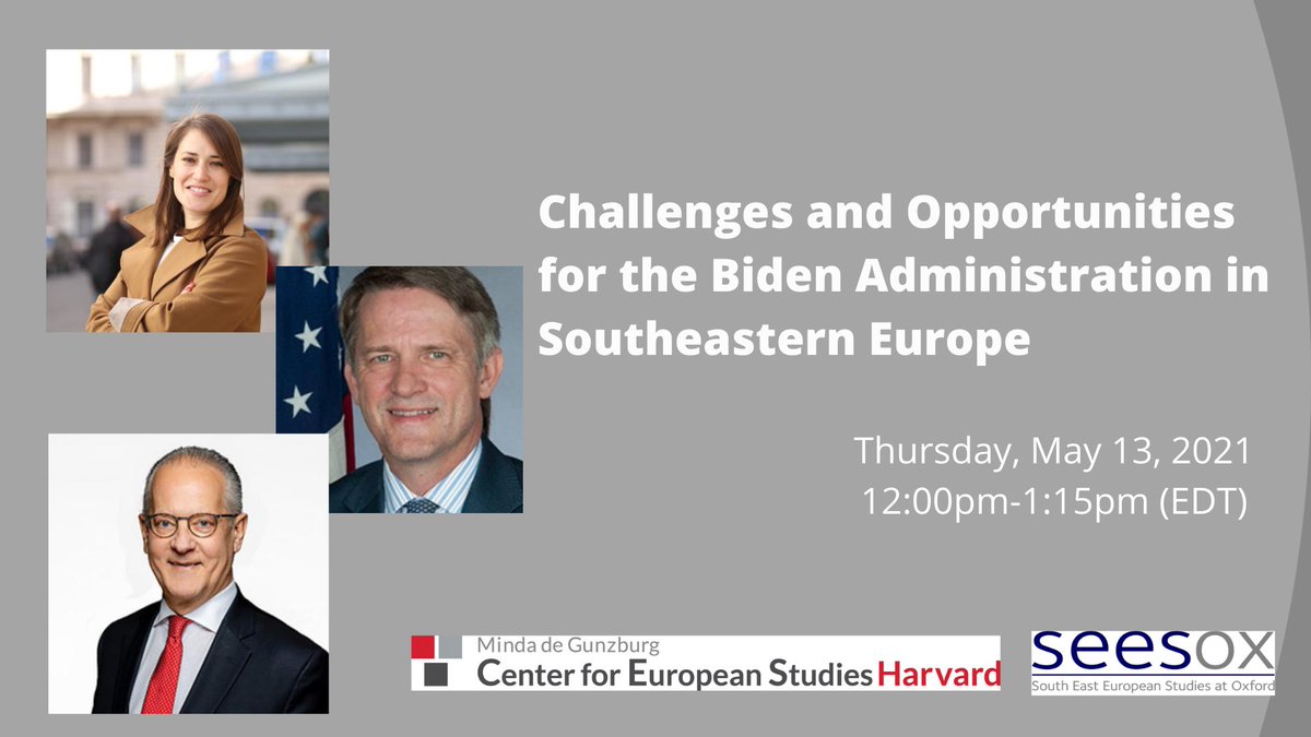 ⏰TOMORROW: Join us for a timely discussion on #Biden and #SoutheastEurope with @VALERIEin140, <a href="/TMCountryman/">Thomas M. Countryman</a> &amp; <a href="/IVejvoda/">Ivan Vejvoda</a>. Chaired by <a href="/OAnastasakis/">Othon Anastasakis</a> &amp; <a href="/EleniMPapoulia/">Elaine Papoulias</a>.  Thank you <a href="/SEESOX/">SEESOX</a> for co-sponsoring. #EuropeAtHarvard
➡️RSVP bit.ly/3eHyRzG