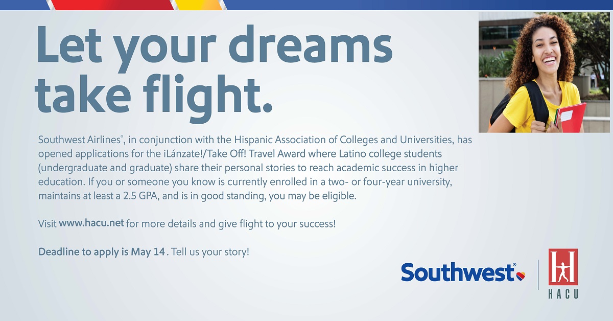 ONLY 2 DAYS LEFT TO APPLY! HACU and Southwest Airlines will award roundtrip flights to college students who travel at least 200 miles from home to pursue a higher education &amp; meet the eligibility criteria including the submission of an essay. bit.ly/3eJe7aS <a href="/SouthwestAir/">Southwest Airlines</a>