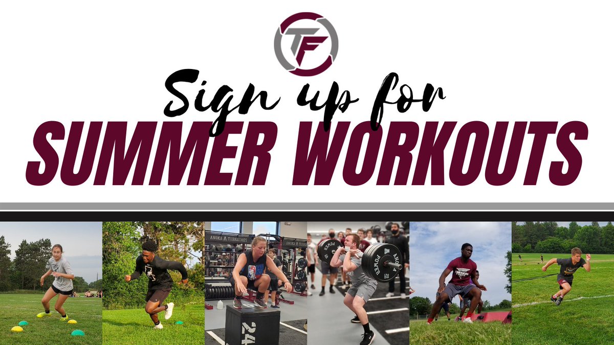 Calling ALL ANOKA ATHLETES!
Get signed up today for summer workouts TODAY.
Session 1: 6:00-7:40 AM
Session 2: 7:30-9:10 AM
Session 3: 9:00-10:40 AM