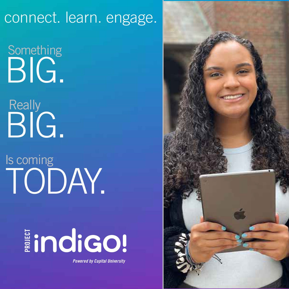 TODAY’S THE DAY! Introducing Project Indigo, a new program that brings technology &amp; content to EVERY Capital undergrad student. A new iPad is just the beginning. It’s all about learning, connection &amp; access. Visit apps.capital.edu/indigo for details. #projectindigo! <a href="/AppleEDU/">Apple Education</a>