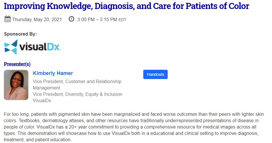 Hey #medlibs <a href="/VisualDx/">VisualDx</a> is hosting a product demo focusing on diagnosis in patients of color on Thursday May 20th at 3pm EST during #mlanet21
cdmcd.co/G3LbAZ