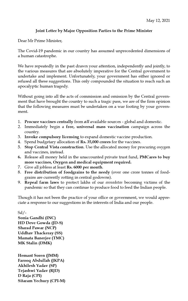 I, along with other Opposition Leaders, have written to Hon’ble <a href="/PMOIndia/">PMO India</a> requesting him to procure vaccines centrally from all available sources to start a free universal vaccination&amp; distribute food grains to the needy along with cash assistance to the jobless&amp; repeal farm laws